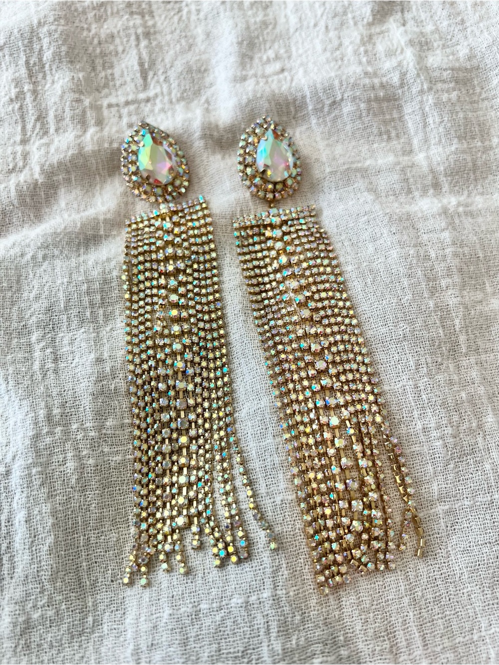 Gold Aurora Teardrop Fringe Crystal Drop Earrings - Women Jewelry